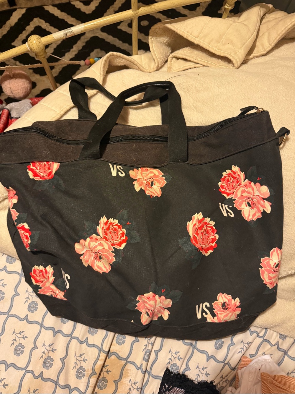 Victoria's Secret Black Tote with Pink Floral Print